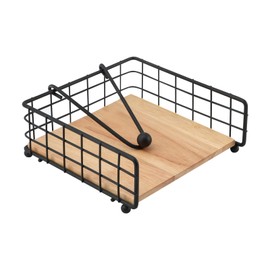 Flat Napkin Holder, Metal Kitchen Napkin Holder with Weighted Arm, Rustic Square Napkin Holder for Paper Napkins, Table Napkin Holder for Home, Restaurant, Cafes (Dark Wood Color)