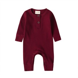 MAHUAOYIXI Infant Baby Boy Girl Solid Color Romper Knit Ribbed Full Length Jumpsuit Newborn Boys' Long Sleeve Bodysuits Button Up Long Pants Fall Winter One-Piece Outfits (Red, Newborn)