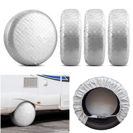 COOSOO Tire Covers Set of 4,Aluminum Film Waterproof Dustproof RV Spare Wheel Cover with Hooks for Trailer Camper Truck SUV Motorhome Jeep, UV Rain Snow Tire Wheel Protector (Fit 24-26 Inch Tire)