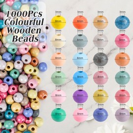I LOVE MOM Wooden Beads for Threading 600 Pieces Round Wooden Beads Colourful, Mother of Pearl and Matte Wood Balls 8 mm, Wooden Balls with Hole Wooden Beads Children for DIY Jewellery Making