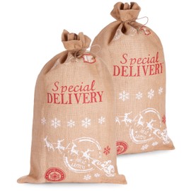 BRUBAKER Christmas Sack Special Delivery - Santa with Sleigh - 31.5 Inches Holiday Gift Bag - Santa Sack with Drawstring for Gift Wrapping - Jute Sack - Set of 2