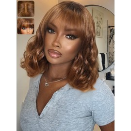 KLAIYI Brown Bob Wig Human Hair with Bangs Loose Body Wave Glueless 4x2 HD Transparent Lace Closure Chestnut Chocolate Brown with Highlight Blonde Ready to Wear and Go Beginner Wigs Pre Plucked 12Inch