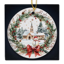 KSDUT Christmas Ornament - Winter Woodland Ceramic Ornament Keepsake, Christmas Wreath Xmas Holiday Ceramic Decor for Christmas Tree, Snowy Deer Pine Tree Decoration Hanging Ornament