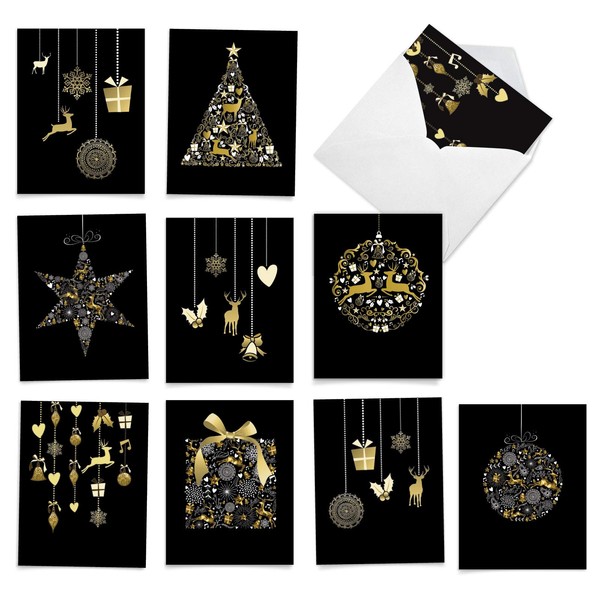 10 Boxed Golden Holiday Christmas Cards with Envelopes (Not Foil) - Assorted Set with Beautiful Illustrated Gold Color (4 x 5.25 Inch) - Holiday Gifts, Ornaments, Reindeer & Xmas Presents M6723XSB