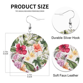Swono Tropical Flowers Round Faux Leather Earrings for Women Watercolor Hibiscus Floral Leaves Pattern Lightweight Double-Side Printed Drop Dangle Earring for Birthday Party Gift