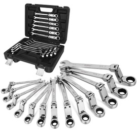 DISEN Ratchet Wrenches Set 13pcs, Double Jointed Flex Head Ratcheting Wrench Set, SAE 1/4'' -3/4'', Open End Long Combination Wrench Set, 72-Teeth, Cr-V Steel, with Heavy Duty Case