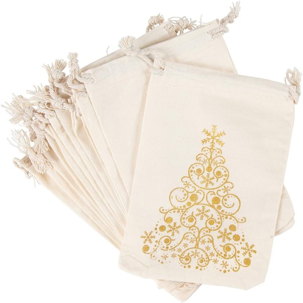 Juvale Christmas Tree Canvas Drawstring Bags for Holiday Party Favors (4 x 6 In, 12 Pack)