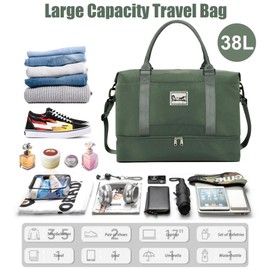 Large Weekender Bags for Women Travel Duffel Bag with Shoes Compartment & Wet Pocket, Carry on Bags for Airplanes Women, Duffel Bag Gym Tote Overnight Bag, Olive Green-A, L