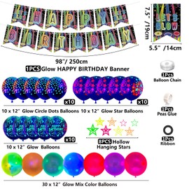 Glow in the Dark Birthday Party Decorations, Includes Happy Birthday Banner, Neon Balloons, Star Decorations Swirls, Glow Birthday Supplies for Kids