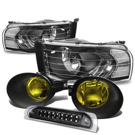 Compatible with Dodge Ram Black Housing Headlight+Amber Lens Fog Light+Black Lens 3rd Brake Light - DR/DH/D1/DC/DM