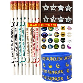 Ramadan Stickers(200)+ 72 Pcs Ramadan Mubarak Wristbands+Pencils+Wooden Cutout Happy Ramadan Kareem Gifts for Kids Arabic Novelty Moroccan Egyptian Lantern Stickers رمضان مبارك