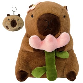JZNEXD 12 Inch Capybara Plush Toy Large Cute Capybara Stuffed Animal Soft Peluche Capybara Plushie Pillow with Keychain Set for Kids Boys Girls (Flower)