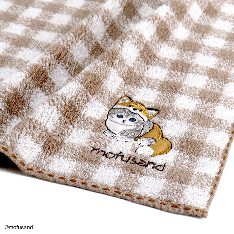 mofusand 43-0120080 Gingham Stitch Towel Handkerchief, Beige, Cat Checker, Cute,
