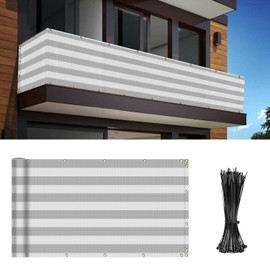 INFRANGE Balcony Privacy Fence Screen 3' x 12' Mesh Windscreen Fencing Shield Cover Included Cable Ties for Deck Apartment Porch Backyard Patio Outdoor, Gray White Strip