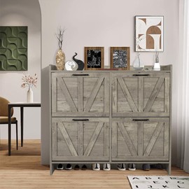 MISHAO Shoe Storage Cabinet with 4 Flip Drawers, Narrow Shoe Cabinet Storage with Legs for Entryway, Freestanding Shoes Organizer Cabinet, Farmhouse Slim Shoe Cabinet, Rustic Gray