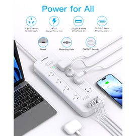 One Beat Power Board Surge Protected,8 Widely Outlets with 4 USB Ports(2USB A 2USB C),USB Power Board with 2M Extension Cord,900J Surge Protection,Flat Plug,Wall Mount for Home Office
