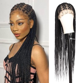 Kalyss Braided Wigs for Black Women Braided Lace Front Wigs Full Double Lace Box Braid Wig Criss Cross Knotless Braided Wigs Human Hair Blended Natural Black Cornrow Braided Wigs with Baby Hair 36"