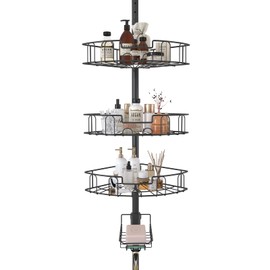 DAKEPOLE Tension Shower Caddy Stainless Steel, Rustproof Tension Pole Corner Shower Caddy Stand Storage Organizer for Bathroom Bathtub Shampoo Soap Plants, 4 Tier Adjustable Shelves, 54 to 125 Inch