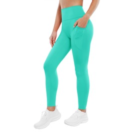 BRXL Womens High Waisted Yoga Athletic Leggings Tummy Control Compression Butter Workout Legging Pants Side Pockets Mint Green