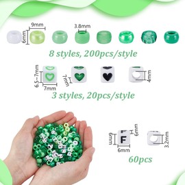 AHANDMAKER 1600 Pcs Green Pony Beads with 60 Pcs Cube Heart Beads, 60 Pcs Alphabet Cube Bead Kits Kandi Green Bead for Bracelets Necklace Earrings Hair Jewelry Making DIY Crafts (12 Styles)
