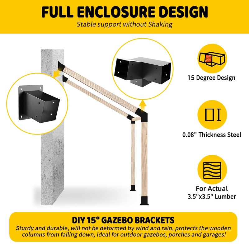Pergola Slanted Roof Bracket kit 4 Pack,3-Way 15-Degree Right Angle