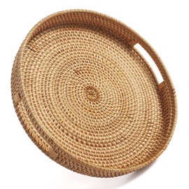 Coffee Table Tray Round Rattan Ottoman Tray Woven Serving Trays with Handles for Home and Kitchen Decorative Natural (Large 14 inch x 2.8 inch)