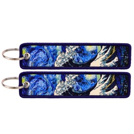 BKBKAAK Van Gogh's Starry Night Woven Keychain Set (2-Packs) - Artistic Oil Painting Pattern Design, Durable Polyester Tags for Keys, Cars, Motorcycles, Tools, Key Tag for Women, Men, Teacher