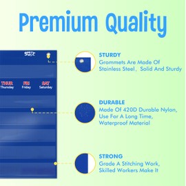 Calendar Pocket Chart, Classroom Monthly Pocket Chart with 76 Cards (68 Illustrated Activity Cards, 8 Dry Erase Blank Cards) plus 3 Over Door Metal Hangers for Classroom Home Preschool (20" x 19")