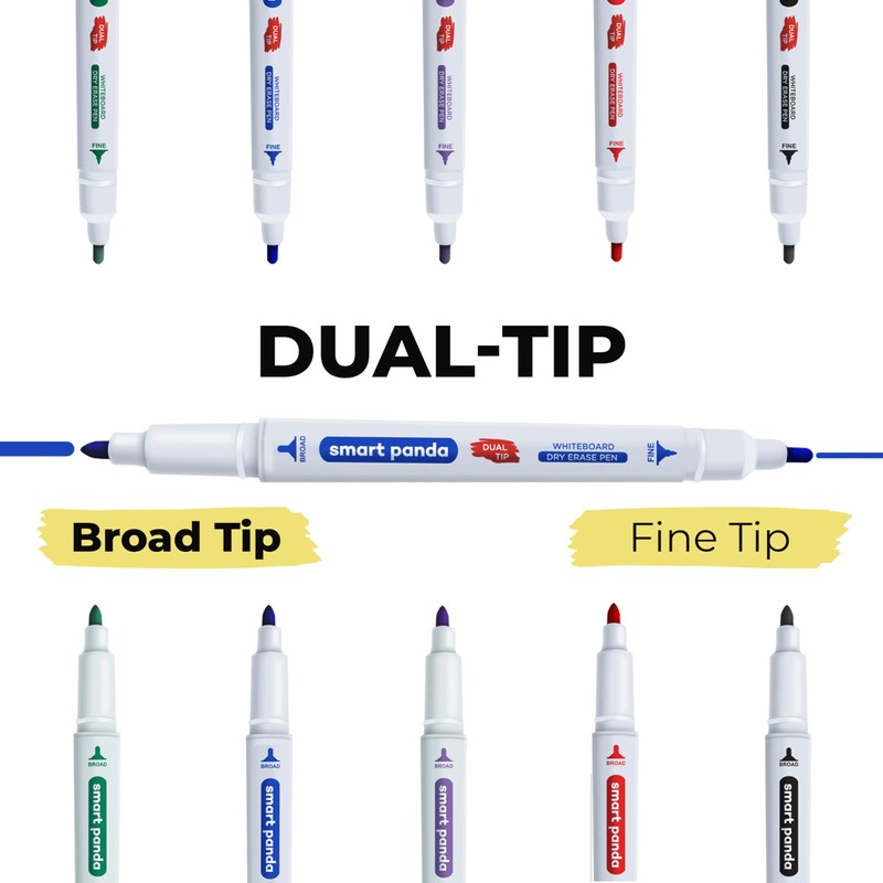 Smart Panda 5 Whiteboard Markers Dual Tip Wipeable Pens, Medium