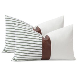 JOTOM Set of 2 Modern Faux Leather Striped Patchwork Cushion Covers 30x50 cm Farmhouse Decorative Throw Pillow Covers Lumbar Pillowcase for Sofa Bedroom Couch Home Decor 12x20 Inch (Stripe Sage)