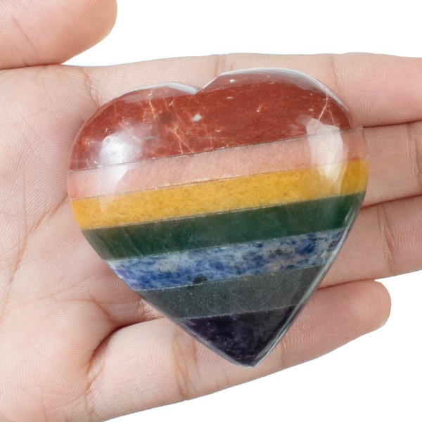 Crocon 50mm Large 7 Chakra Heart Stone Large Heart Shaped Puff Stone Set 450+ Carat Pocket Crystal Healing Drum Collection Worry Stone Lucky Charm Meditation Gift Craft Home Decoration