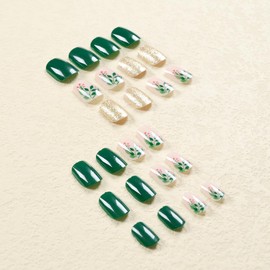 MUZOXEN Short Press on Nails Square Fake Nails Green Gold Christmas Berry Stems Design Short Acrylic False Nails With Glue on Nails Short Square Stick on Nails for Women 24 Pcs