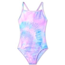 Girls Swimsuit One Piece Bathing Suit Purple Tie Dye Print Swimwear for 10-12 Years Old Big Kids Competition Water Sport