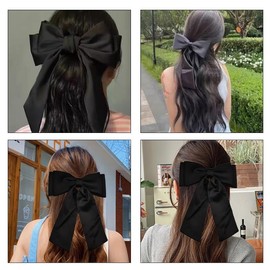 Large Black Bows for Hair Silky Stain Ribbons Bow Hair Clips for Women Big French Hair Barrette for Thick Thin Hair Oversized Hair Bows Accessories for Girls with Long Ribbon Tail Bowknot Hair Clips