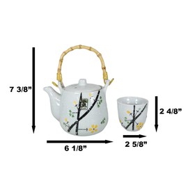 Ebros Gift Japanese Design Yellow Cherry Blossom Sakura Blossoms Ceramic Tea Pot With Bamboo Handle and Cups Set Serves 4 Home Decor Zen Fengshui Decorative Tea Sets Housewarming Gifts