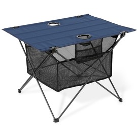 SKIKEN Lightweight Portable Camping Table with 2 Cup Holders - Collapsible Compact Canvas Beach Table/Side Table for Lawn Fishing & Outdoor, Large Capacity Storage, 29.2" W x 21.7" D (Blue)