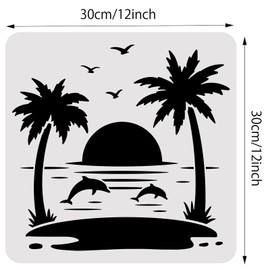 BENECREAT Summer Theme PET Plastic Drawing Templates, 12"x12" Dolphin Sea Coconut Tree Template Stencil for Scrabooking Card Making, DIY Wall Floor Decoration