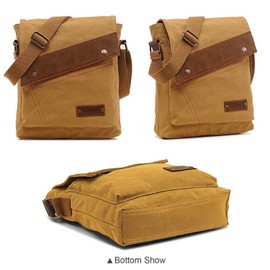 Small Messenger Bag Unisex Vintage Canvas Shoulder Bag Casual Travel Working School Bag (Khaki)