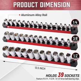 ALOANES 3-Piece Magnetic Socket Organizer, Heavy Duty Aluminum Socket Rails Organizer, Socket Rail Holder for Tool Box, 1/2, 3/8, 1/4-Inch Socket Holder x 39 Stainless Clips (Red)