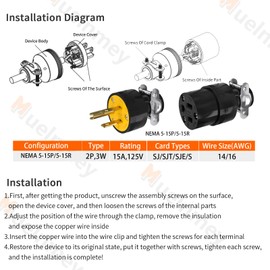 Muelnmey 5 Set Extension Cord Ends Electrical Replacement Plug & Connector NEMA 5-15P & 5-15R 15A 125V Yellow Shell 2Pole 3Wire Straight Blade Plug Grounding Type,UL Listed.