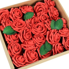 Greenco Set of 25 Artificial Roses in Stem Realistic Looking Faux Flowers Box for Weddings, Parties, Floral Arrangements, Centerpieces and Gifts – Red, 25 Count