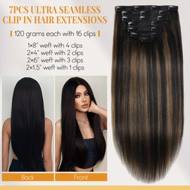 Lacer Light Yaki Clip in Hair Extensions, Yaki Remy Human Hair Thick Natural Black to Medium Brown Highlight Straight Clip ins for African American Woman Relaxed Hair 7 Pieces 120 Gram Per Set 22 inch