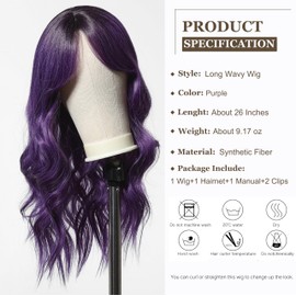 Esmee Long Curly Purple Wig for Women Synthetic Hair with Bangs Wave Wigs with Dark Roots Daily Cosplay High Density Heat Resistant Use-26Inches…
