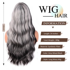 TOZIKA Grey Wig with Bangs Gray Wig for Women Long Wavy Wigs with Bangs Gary Mixed Black 26 Inch Synthetic Heat Resistant Fiber Wig Natural Looking Wig for Daily Party Use