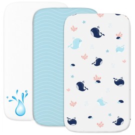 2 x Fitted Sheets Made of 100% Cotton with Elastic Band, 1 x Mattress Protector Made of 100% Waterproof Material, Set of 3, 50 x 83 cm, Ocean