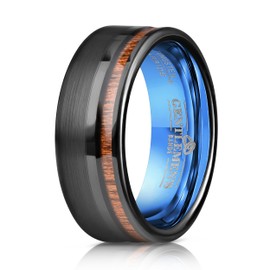 Gentlemen's Bands Tungsten Black Men's Wedding Band with Koa Wood Inlay & Polished Blue Interior | Premium Tungsten Wedding Ring for Men 8mm | Includes Silicone Band, Leather Pouch & Luxury Walnut Box