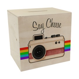 Say Cheese Wooden Money Box with Retro Camera Motif, Beautiful Money Box for Photographers in Retro Look as a Gift to Save for a New Camera or Equipment