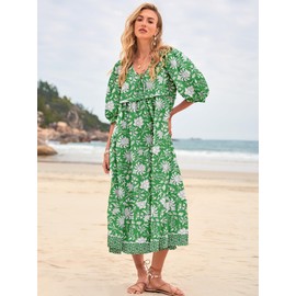 LUXVEER Women's Floral Boho Maxi Dress 2025 Summer V Neck Puff Sleeve Casual Loose Flowy Swing Long Beach Vacation Dresses Green