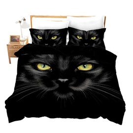 Erosebridal Animal Duvet Cover Full Size Pet Cat Comforter Set Black Cat with Yellow Eyes Printed Bedding Set for Girls Boys, Bed Decor 3 Pcs with 2 Pillowcases, Zipper Closure