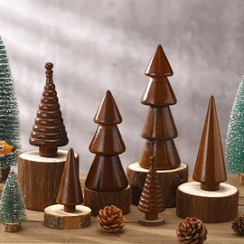Namalu 6 Pcs Vintage Wooden Christmas Tree Figurine Farmhouse Handmade Christmas Tabletop Decorations Rustic Xmas Tree Table Centerpiece Unfinished Ornaments for Crafts(Brown,Vibrant Style)